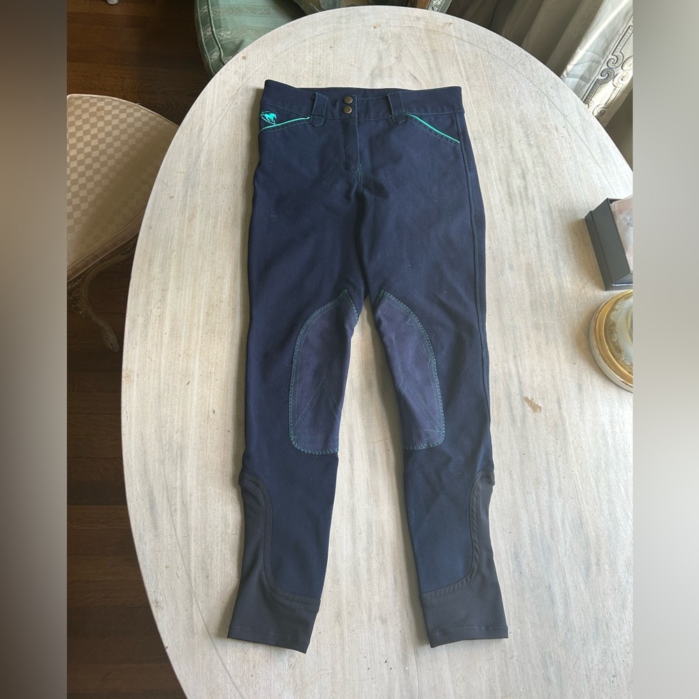 Piper by SmartPak Girl’s navy and emerald contrast knee patches breech